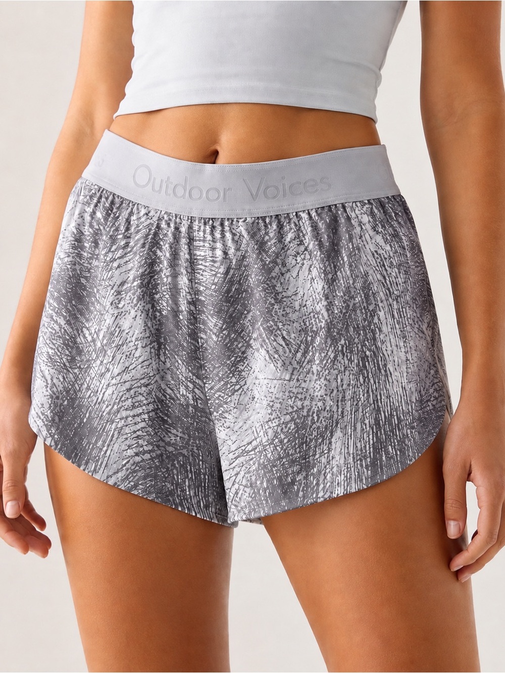 Outdoor Voices Ready Set Running Shorts Gray White Abstract Size S
